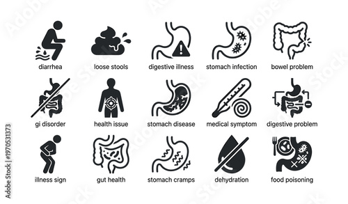 Digestive health icons: symptoms of stomach infection and bowel problems