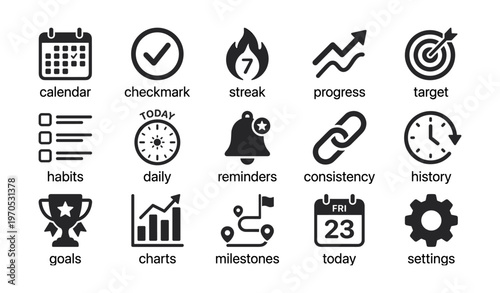 Productivity icons: calendar, checkmark, streak, progress, target, habits, reminders