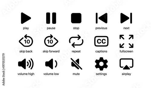 Media control icons for playback and settings with sound options