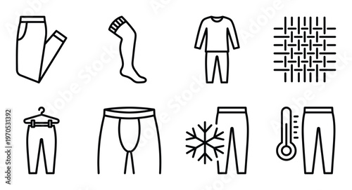 Outline collection of various thermal underwear and clothing for cold weather activities