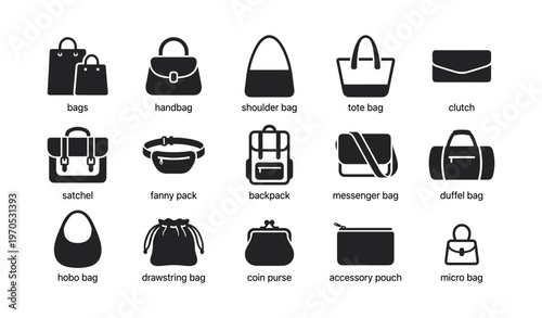 Variety of bag icons: handbag, backpack, tote, more