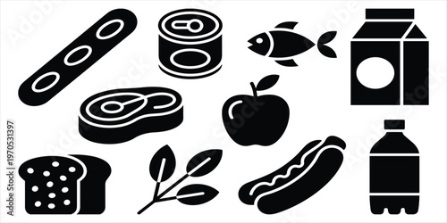 Various black silhouette icons of food and drink items on a white background baguette soda can