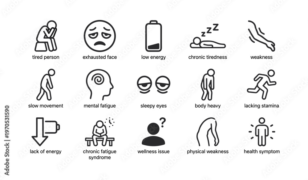 Fototapeta premium Illustrated symptoms of fatigue and weakness icons set
