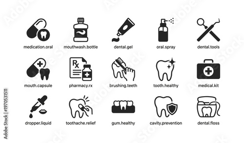 Dental care icons: oral hygiene tools and medication symbols
