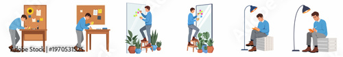 Vector illustration set of a man brainstorming, taking notes, and organizing tasks with sticky notes in various office and home workspace settings.