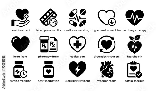 Heart treatment and medicine icons representing cardiovascular health and circulatory therapy