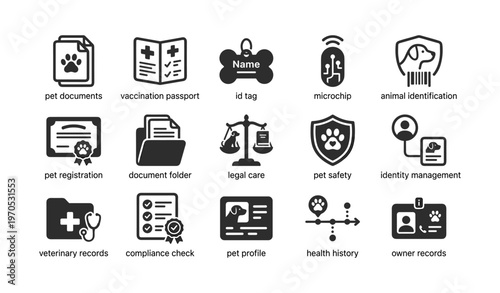 Pet identification and safety icons: microchip, id tag, health records, legal care