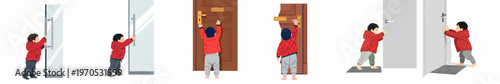 Illustrations of a toddler in a red jacket interacting with various doors, exploring door handles and learning to open them safely.