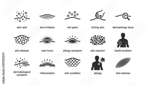 Dermatology icons set depicting skin rash, irritation, red spots, itching, and allergies