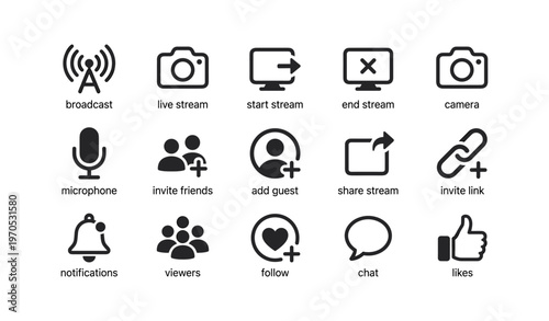 Streaming icons: broadcasting, camera, microphone, social media elements, notifications
