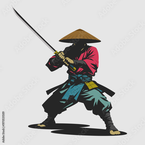 Samurai warrior gripping katana in dynamic combat stance, bold flat shading and strong silhouette, ideal for posters, apparel, and branding, vector format
