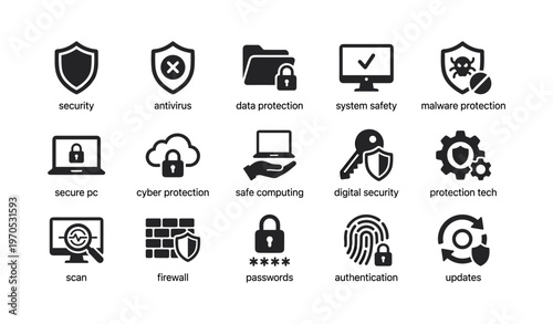 Cybersecurity icons set: antivirus, data protection, and secure computing symbols