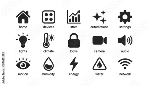 Smart home icon set featuring devices stats automations and energy monitoring