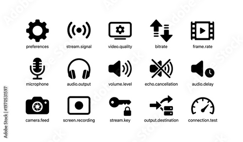 Audio and video equipment icons: preferences, streaming, and signal control