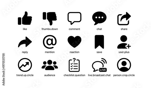 Social media icons set including like share comment chat and save buttons