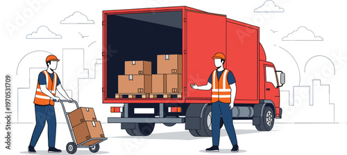 Loading and Unloading Cargo from Delivery Truck with Workers in Safety Gear, Ideal for Transportation, Logistics, and Warehouse Designs