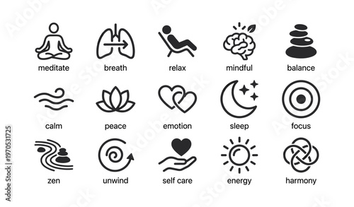 Wellness icon set featuring meditation, relaxation, and mindfulness symbols