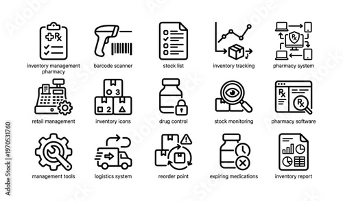 Inventory management and tracking icons for pharmacy system and logistics
