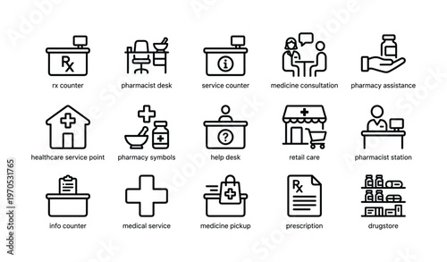 Healthcare facility icons featuring pharmacy and consultation symbols