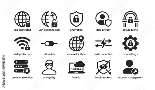 Vpn security icons: encryption, privacy, and connectivity symbols set