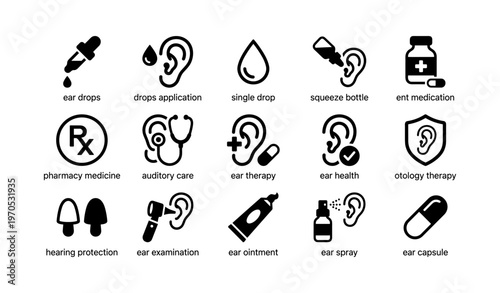 Medical ear care icons for therapy, protection, and medication applications