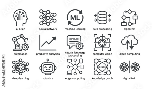 Ai elements and technologies icons: machine learning, neural network, automation, robotics, data processing diagrams