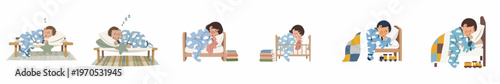 Collection of illustrations showing toddlers and babies sleeping peacefully in various beds wearing blue cloud-patterned pajamas for nursery and parenting concepts.