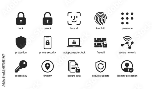 Lock and security icons: face id, touch id, firewall, protection symbols