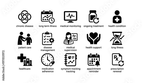 Icons representing healthcare concepts including chronic disease and medical monitoring