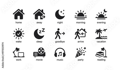Icons depicting daily activities and leisure: home, sleep, travel, and entertainment