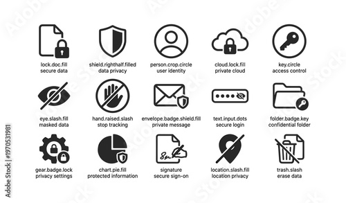 Data security and privacy icons: lock, shield, user identity, cloud, access control, secure login