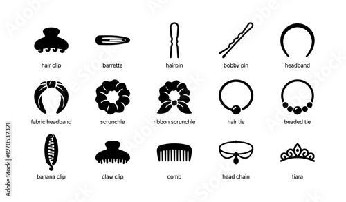 Hair accessories collection: clips, bands, and ties icons