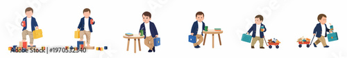 Set of illustrations depicting a young boy dressed as a little businessman with a briefcase, toy blocks, and a wagon.
