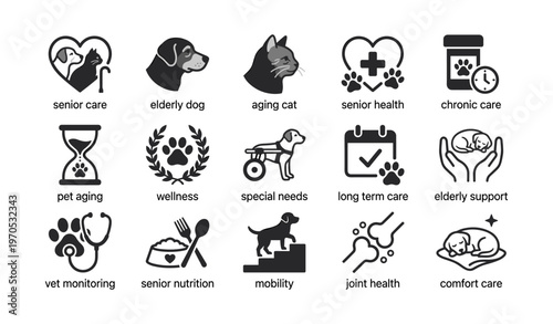 Icons representing senior pet care and health for dogs and cats