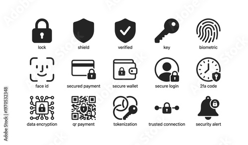 Digital security icons: lock shield key biometric face id qr payment secure login