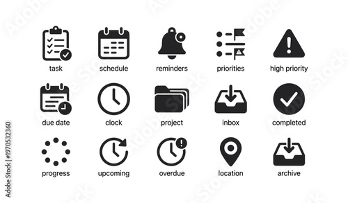 Task management icons: schedule, reminders, priorities, inbox, clock symbols