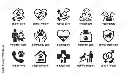 Animal welfare icons for shelter, adoption, and care services illustrated in black and white