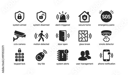 Home security icons featuring alarm, cctv, motion, door, smoke detector, keypad lock, phone notification