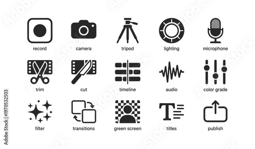Video editing icons set: camera, microphone, tripod, lighting, audio tools