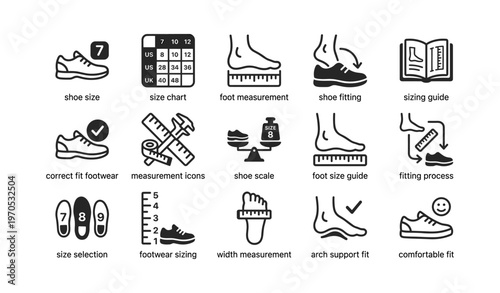 Footwear sizing and measurement icons for shoe fitting and comfort guide