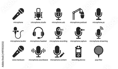 Microphone icons set: studio, podcast, usb, lavalier, headset, recording, capture