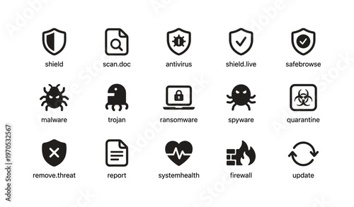 Cybersecurity icons set: shield, antivirus, spyware, firewall, quarantine