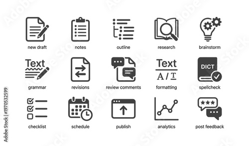 Set of icons for writing and publishing tasks with various tools and concepts