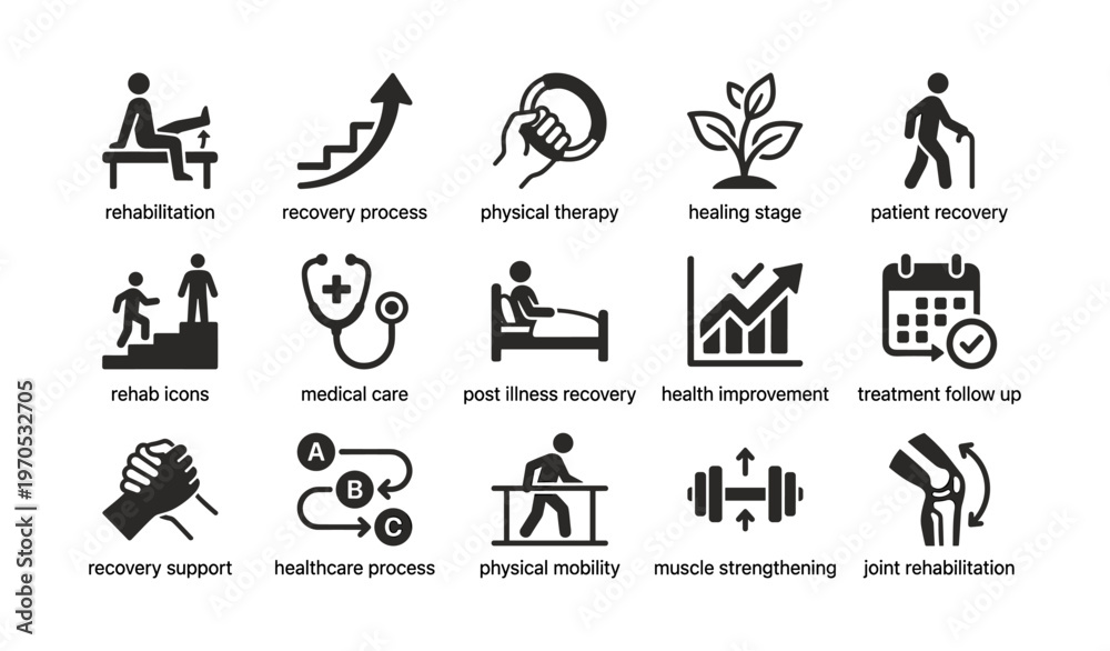 Fototapeta premium Rehabilitation icons: recovery, therapy, health progress, mobility, strengthening