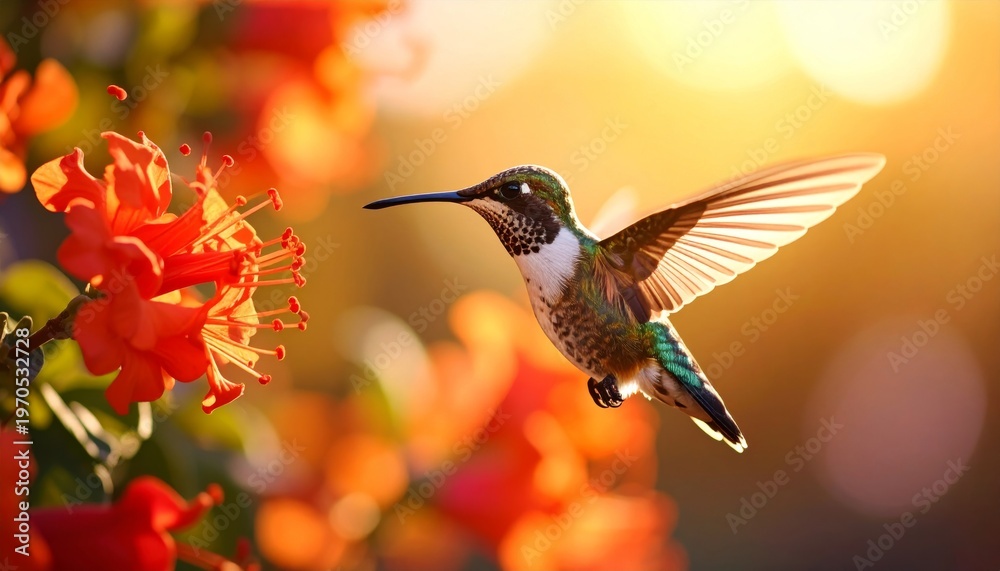 Fototapeta premium Sunlit Grace: Iridescent Hummingbird Hovers by Fiery Red Blossoms at Sunset
