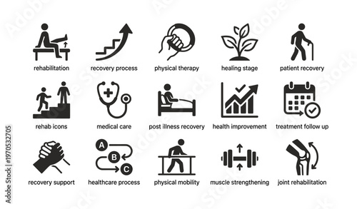 Rehabilitation icons: recovery, therapy, health progress, mobility, strengthening