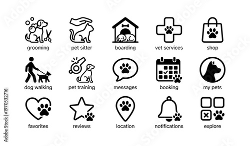 Pet services icons: grooming, boarding, training, and more