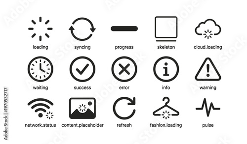 Loading and status icons set: cloud, syncing, information, error, warning symbols