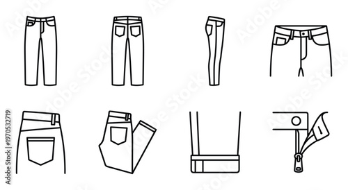 Set of jeans icons and clothing details, linear style, black outline isolated on transparent background