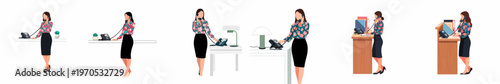 Vector illustration set of a professional woman in a floral shirt and black skirt working at a reception desk and talking on a landline phone.